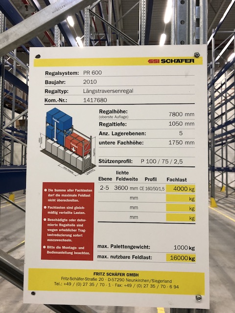 Palettenregal, SSI Schäfer, ca. 7,80m hoch, 1.000kg / Palette, max. 2.724 Stellplätze – gebraucht – : lagertechnik
