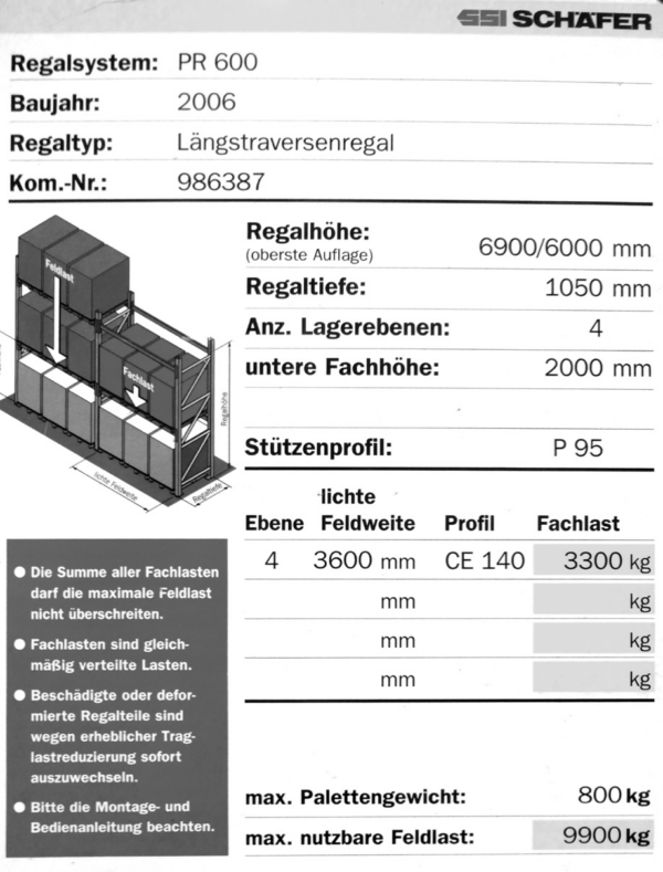 Palettenregal, SSI Schäfer, 800kg/Palette, 3,60m Traversen, max. 784 Stellplätze – gebraucht - : lagertechnik