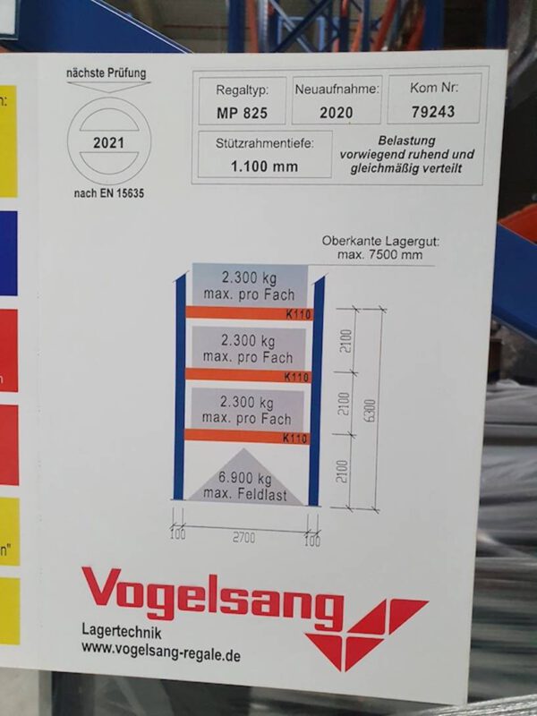 Palettenregal, Vogelsang, ca. 766kg / Palette, bis max. 1.335 Stellplätze – gebraucht - : lagertechnik