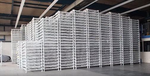 650 Ladungsträger zur Lagerung von PKW-Reifen, Reifenlagergestelle, Reifenlagersystem (oder für andere Artikel), sehr variabel, faltbar, stapelbar – gebraucht – : lagertechnik