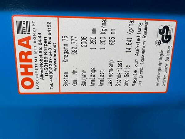 Kragarmregal, OHRA, zweiseitig, 7,40m hoch, Armlänge 1,25m, 1,20 Tonnen pro Arm, 14.641kg pro Rahmen, – gebraucht - : – Bild 3