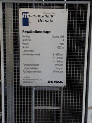 4 gassiges automatisches Palettenlager (bzw. Gitterboxen) Dematic, ca. 4.832 Stellplätze – gebraucht - : lagertechnik