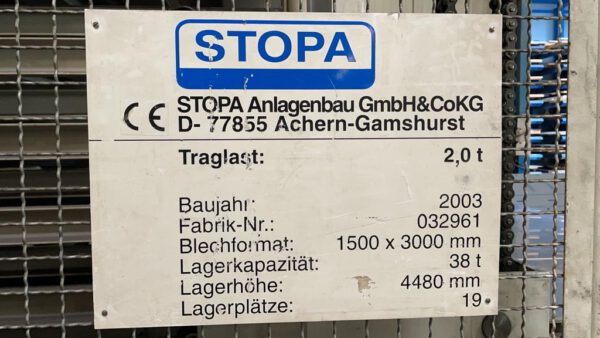 autom. Blechlagerturm für Bleche 1,50x3m, Stopa, Nutzlast 2.000kg, 19 Lagerplätze - gebraucht - : – Bild 3