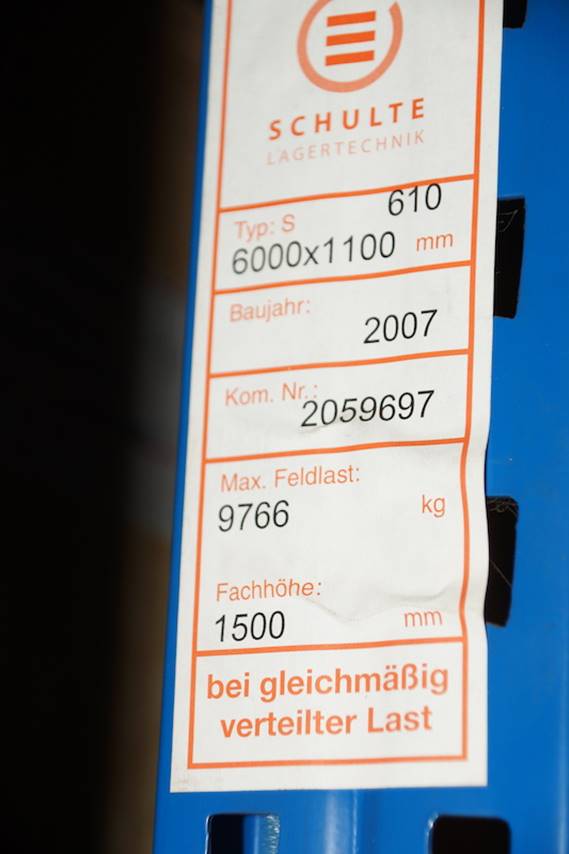 Palettenregal, Schulte, 5,50m bis 6m hoch, ca. 800kg / Palette, max. 339 Stellplätze – gebraucht - : lagertechnik