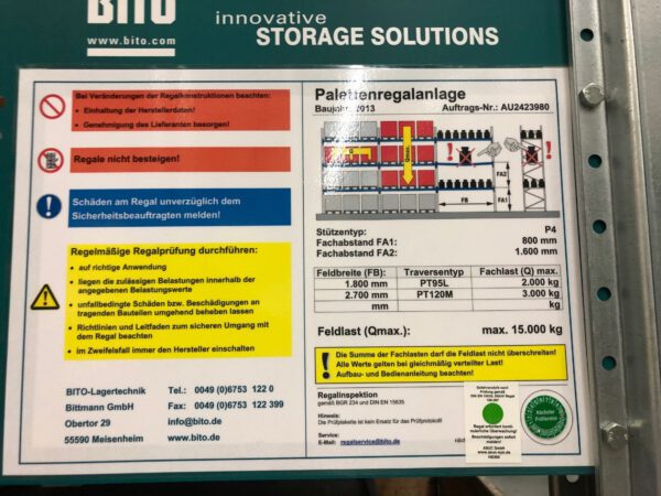 Palettenregal, Bito, ca. 8,50m hoch, 1.000kg / Palette, max.  708 Stellplätze – gebraucht – : – Bild 3