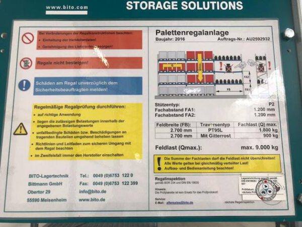 Palettenregal, Bito, 600kg / Palette, 6m hoch, ca. 255 Stellplätze, mit Gitterroste (300kg auf einer Palettenfläche) inkl. Rückwandgitter, Durchschubsicherungen, Anfahrschutz – gebraucht - : lagertechnik