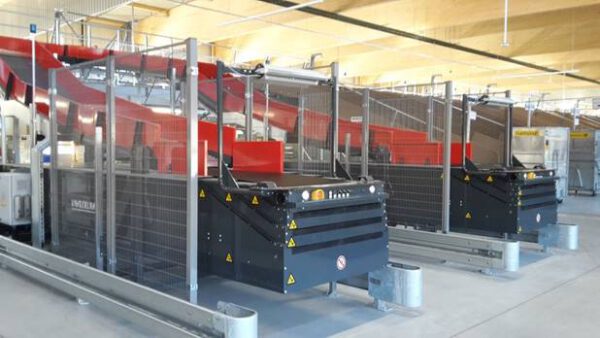 „Schuhsorter“ bzw. Linear Sorter, bis zu 7.500 Sendungen pro Std., Van der Lande, inkl. 20 St. Teleskopgurtförderer, Volumenscanner, Waage – gebraucht - : lagertechnik