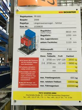 Palettenverschieberegal, ca. 2.016 Stellplätze, 665 kg pro Palette – gebraucht – : lagertechnik