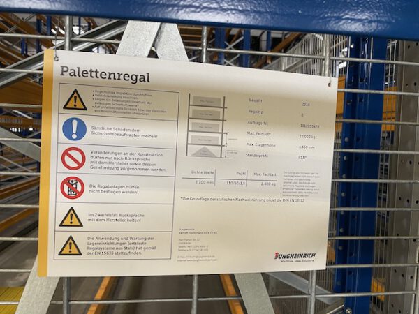 Palettenregal, Jungheinrich, ca. 6m hoch, 635kg / Palette, max. 4.900 Stellplätze – gebraucht – : lagertechnik