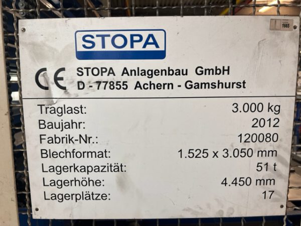 automatischer Blechlagerturm, Stopa, Einzelturm, für Bleche max. 1,50m x 3m, 3 To. Kassette, 17 Lagerplätze – gebraucht - : lagertechnik