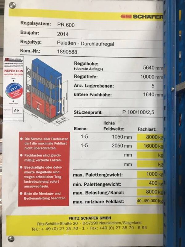 Paletten – Durchlaufregal für 120 Europaletten, 1.000kg / Palette – gebraucht -: lagertechnik