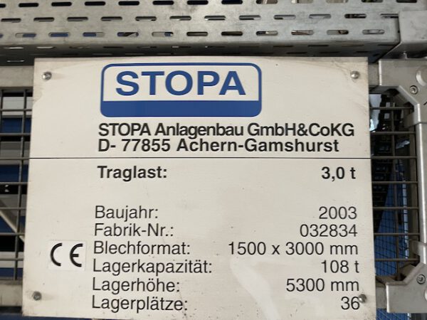 autom. Blechlagerturm, Stopa, Doppelturm für Bleche max. 1,50m x 3m, 3 To. Kassette, 36 Lagerplätze – gebraucht - : lagertechnik