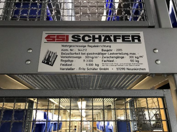 2 geschossige Fachbodenregalanlage, SSI Schäfer, ca. 70m2 Grundfläche, 100kg Traglast pro Boden, ca. 98 Felder – gebraucht - : lagertechnik