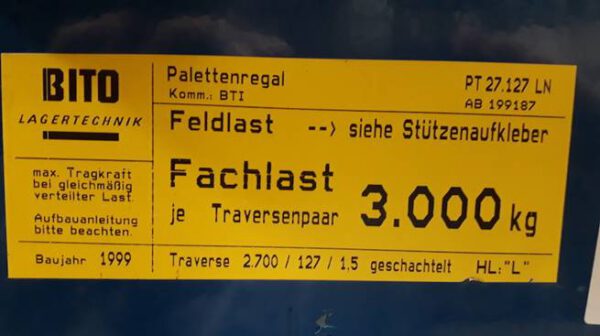 Palettenregal, Bito, ca. 6m hoch, 1to/Palette, max. 1.224 Stellplätze – gebraucht – : – Bild 5