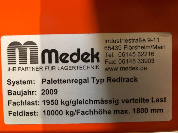 Palettenregal, REDIRACK, ca. 3,60 – 5,40m hoch, 650kg / Palette, max. 1.380 Stellplätze – gebraucht – : lagertechnik