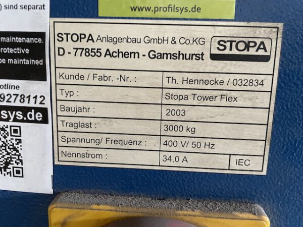 autom. Blechlagerturm, Stopa, Doppelturm für Bleche max. 1,50m x 3m, 3 To. Kassette, 36 Lagerplätze – gebraucht - : lagertechnik