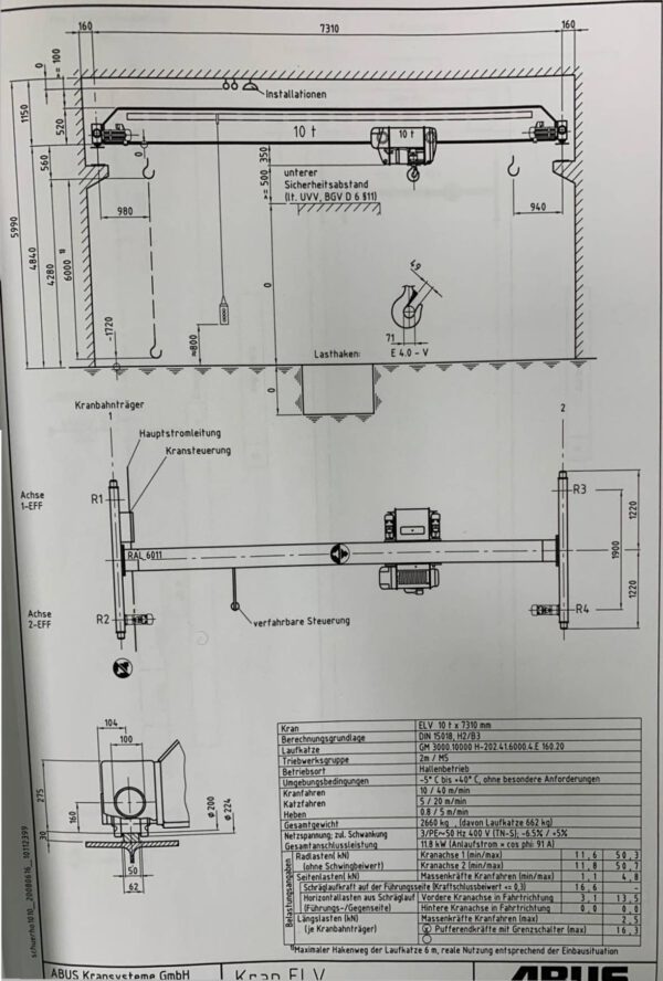 ABUS Einträgerlaufkran ELV, 10 to., 7,31m Spannweite – gebraucht - : lagertechnik