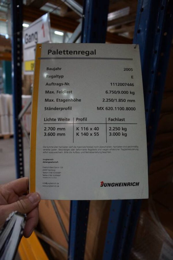 Palettenregal, Jungheinrich MP, ca. 4.000 Stellplätze, ca. 7 bis 8m hoch, 750kg / Palette – gebraucht - : lagertechnik