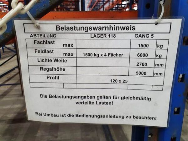 Palettenregal mit Tiefenauflagerahmen (ideal auch für Gitterboxenlagerung), max. 945 Stellplätze, Rahmenhöhe 5m, Traversenlänge 2,70m, 500kg / Palettenstellplatz – gebraucht - : – Bild 7