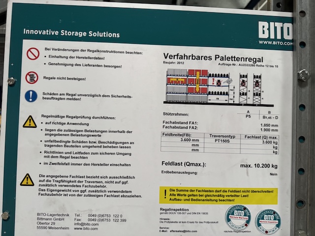 Palettenverschieberegalanlage, Bito, Höhe ca. 8m, 900kg / Palette, 3,60m Traversen, ca. 2.684 Stellplätze - gebraucht - : lagertechnik Palettenverschieberegalanlage, Bito, Höhe ca. 8m, 900kg / Palette, 3,60m Traversen, ca. 2.684 Stellplätze - gebraucht - : – Bild 77