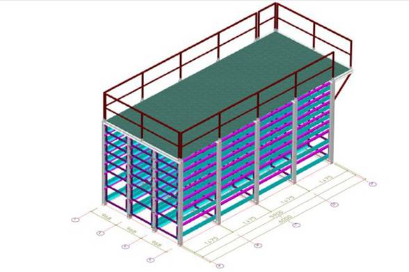 2 x Roll-aus-Langgutlager, bzw. Wabenregal mit ausziehbaren Kassetten, bzw. Kassettenrollsystem mit integrierter Bühne 2 to / Fach, für 6m Langgut, a 21 Fächer – gebraucht -: lagertechnik