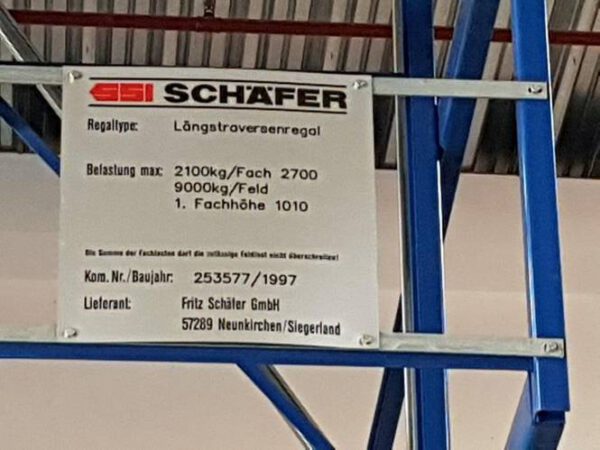 Palettenregal, SSI Schäfer, Rahmenhöhe 5m, 2,70m Traversen, 700kg / Palette, über 864 Stellplätze – gebraucht – lagertechnik
