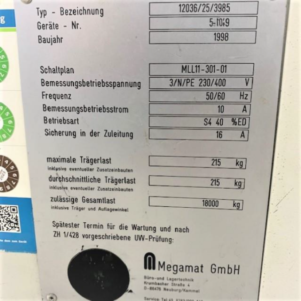 Liftsysteme, Megamat, Höhe 4m, ca. 215kg / Tablar, Maße pro Tablar: 2m x 0,612m – gebraucht -: – Bild 8