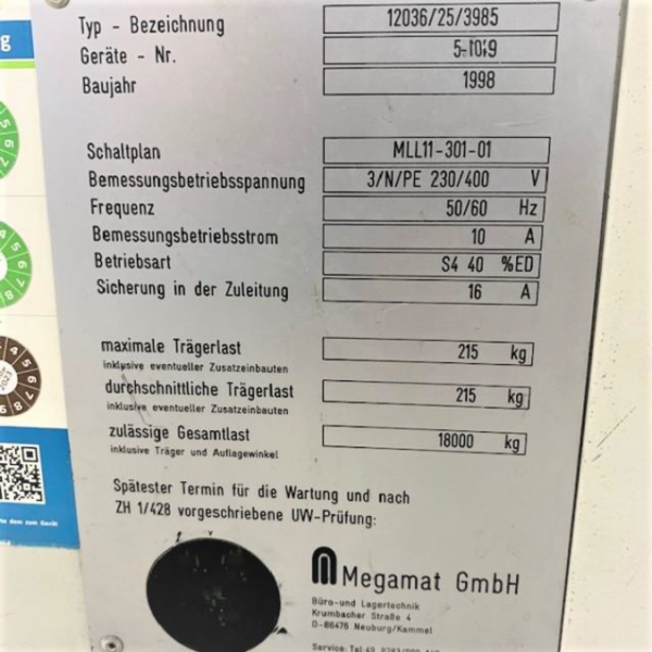 Liftsysteme, Megamat, Höhe 4m, ca. 215kg / Tablar, Maße pro Tablar: 2m x 0,612m – gebraucht -: lagertechnik