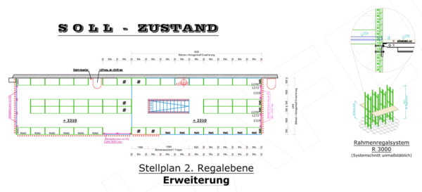 2 geschossige Fachbodenregalanlage, SSI Schäfer, ca. 70m2 Grundfläche, 100kg Traglast pro Boden, ca. 98 Felder – gebraucht - : lagertechnik