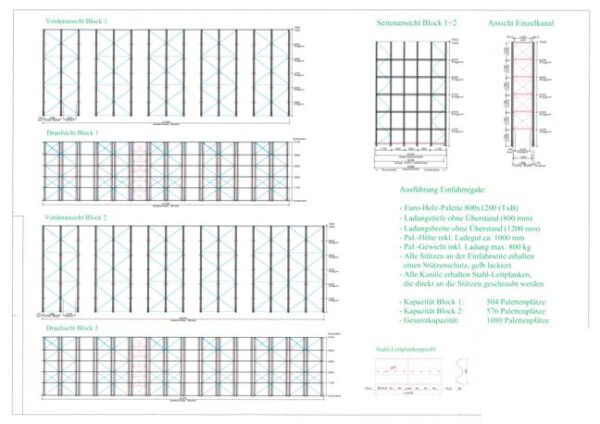 Einfahrregalanlage für Europaletten, 800kg, ca. 1.080 Stellplätze – gebraucht – : lagertechnik