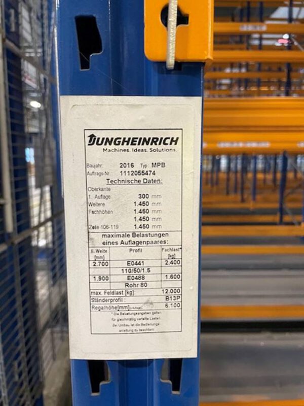 Palettenregal, Jungheinrich, ca. 6,10m hoch, 800kg / Palette, max. 3.780 Stellplätze – gebraucht – : lagertechnik