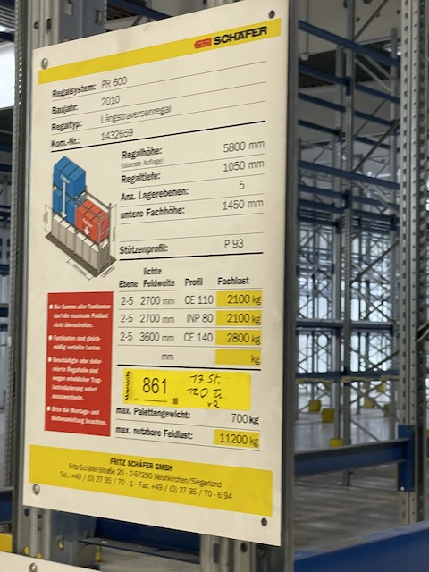 Palettenregal, SSI Schäfer PR600, ca. 6m hoch, 700kg / Palette, max. 2.325 Stellplätze – gebraucht – : lagertechnik