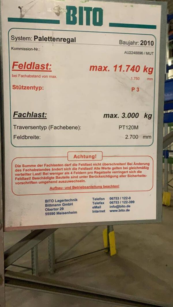 Palettenregal, Bito, max. 1.058 Palettenstellplätze, Rahmenhöhen zwischen 4,73 und ca. 6,80m – gebraucht - : lagertechnik