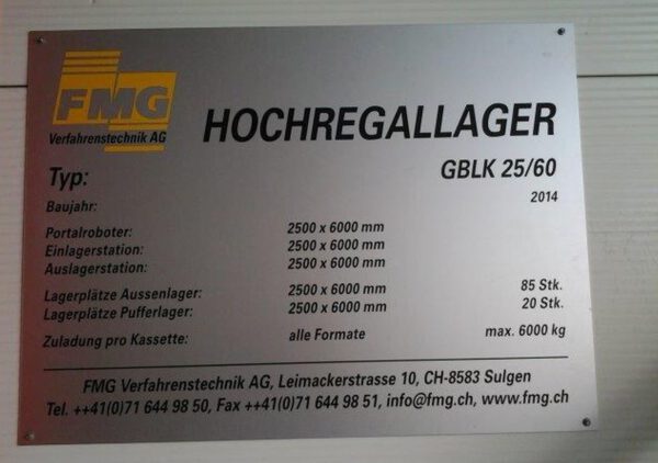 CNC Blech Hochregallager, FMG,  zur vollautomatischen Bestückung von 2 Laser Maschinen - gebraucht - : lagertechnik