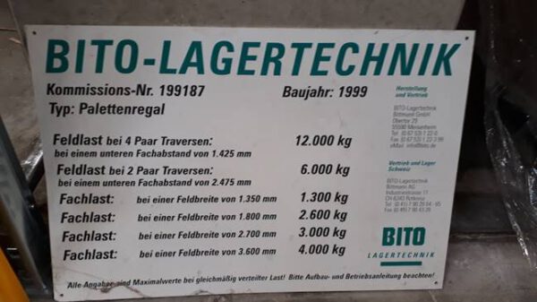 Palettenregal, Bito, ca. 6m hoch, 1to/Palette, max. 1.224 Stellplätze – gebraucht – : lagertechnik