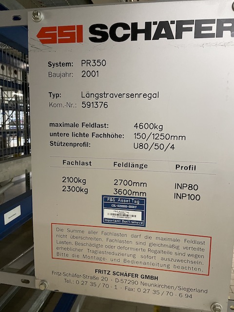 Palettenregal, SSI Schäfer PR350. ca. 3,65m hoch, 700kg / Palette, max. 552 Stellplätze – gebraucht – : lagertechnik