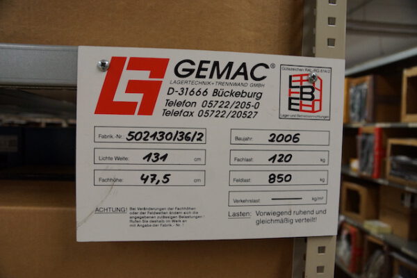 Stabile Fachbodenregale, gesamt ca. 1.500 bis 1.800 Felder (aktuell ca. 490 Felder), Gemac, dieses System kommt ohne Spannkreuze aus, Rahmenhöhe: 2,48m, Fachböden: 1,20m x 1,30m, 130kg / Ebene – gebraucht - : – Bild 12