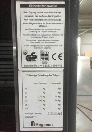 Lagerlift, Megamat, mind. 276kg/Tablar, ca. 6m hoch, Tablar ca. 3,20 x 0,81m – gebraucht - : lagertechnik