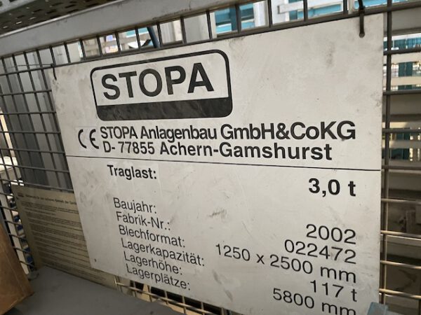 autom. Blechlagerturm, Stopa, Doppelturm, für Bleche max. 1.250mm x 2.500mm, 3 To. Kassette, 39 Lagerplätze – gebraucht - : lagertechnik