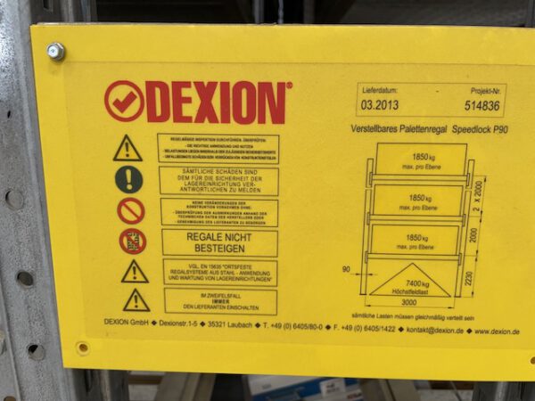 Palettenregal, Dexion, ca. 8m hoch, 616kg / Palette, 3m Traversenlänge ideal bei überbreiten Paletten, max. über 7.600 Stellplätze – gebraucht – : lagertechnik