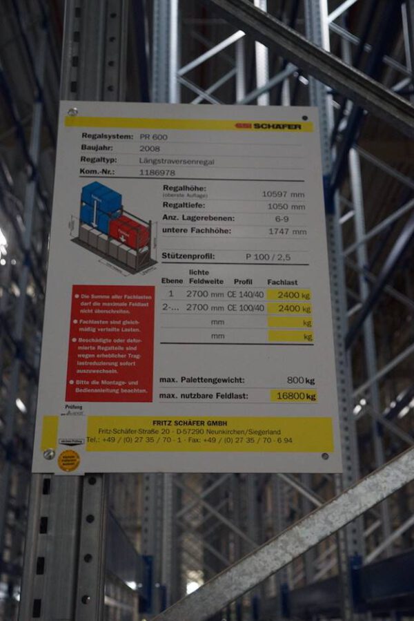 Palettenregal, SSI Schäfer, max. 13.200 Palettenstellplätze, Rahmenhöhen ca. 9,80m bis ca. 10,80m, 800kg pro Palette – gebraucht - :   lagertechnik