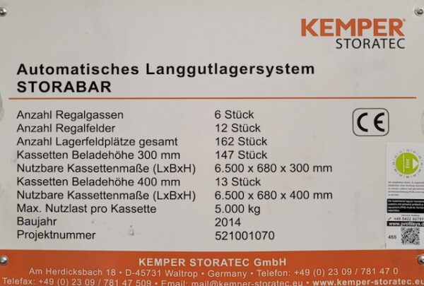 autom. Langgutlager, Kemper Storatec, für 6,50m Langgut, 5 to / Kassette, 163 Kassettenlagerplätze – gebraucht - : lagertechnik
