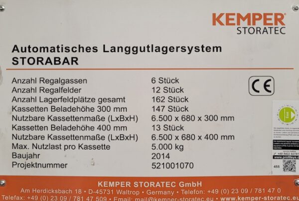 autom. Langgutlager, Kemper Storatec, für 6,50m Langgut, 5 to / Kassette, 163 Kassettenlagerplätze – gebraucht - : – Bild 19