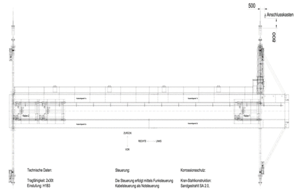 Portalkran 60to (30+30to Katzen) mit Zweischienenkatzen, 29m - gebraucht - : lagertechnik