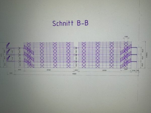 4 geschossige Fachbodenregale, Rauscher, über 10.000 Felder, Fachböden 1,28 x 0,60m und z.T. mit Ovalrohren für Hängetextil – gebraucht – : – Bild 32