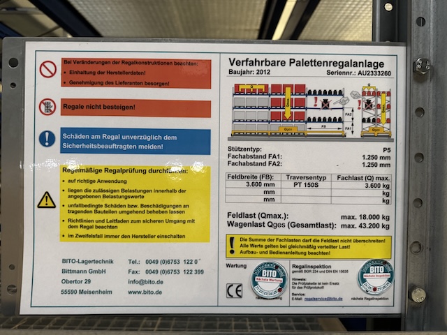 Palettenverschieberegalanlage, Bito, Höhe ca. 8m, 900kg / Palette, 3,60m Traversen, ca. 2.684 Stellplätze - gebraucht - : lagertechnik Palettenverschieberegalanlage, Bito, Höhe ca. 8m, 900kg / Palette, 3,60m Traversen, ca. 2.684 Stellplätze - gebraucht - : – Bild 35
