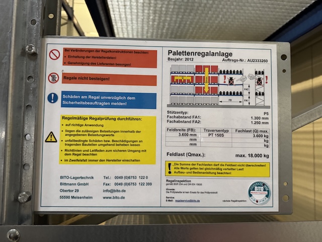Palettenverschieberegalanlage, Bito, Höhe ca. 8m, 900kg / Palette, 3,60m Traversen, ca. 2.684 Stellplätze - gebraucht - : lagertechnik Palettenverschieberegalanlage, Bito, Höhe ca. 8m, 900kg / Palette, 3,60m Traversen, ca. 2.684 Stellplätze - gebraucht - : – Bild 27