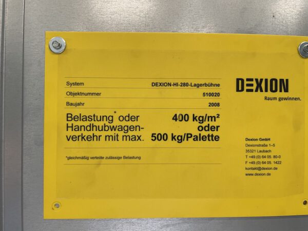 Große Fachbodenregalanlage (ca. 3.600m2), Dexion, 2 geschossig (könnte noch aufgestockt werden) mit 3 Treppen und 4 x 2er Palettenübergabeplätze, auf Wunsch mit Aufzug, Durchlaufregalen und umlaufender Lagerbühne, gesamt ca. 2.400 Felder – gebraucht - : lagertechnik