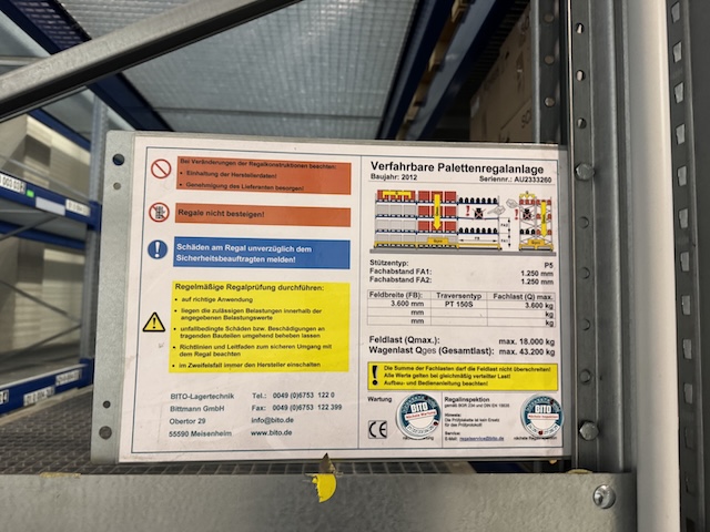 Palettenverschieberegalanlage, Bito, Höhe ca. 8m, 900kg / Palette, 3,60m Traversen, ca. 2.684 Stellplätze - gebraucht - : lagertechnik Palettenverschieberegalanlage, Bito, Höhe ca. 8m, 900kg / Palette, 3,60m Traversen, ca. 2.684 Stellplätze - gebraucht - : – Bild 19