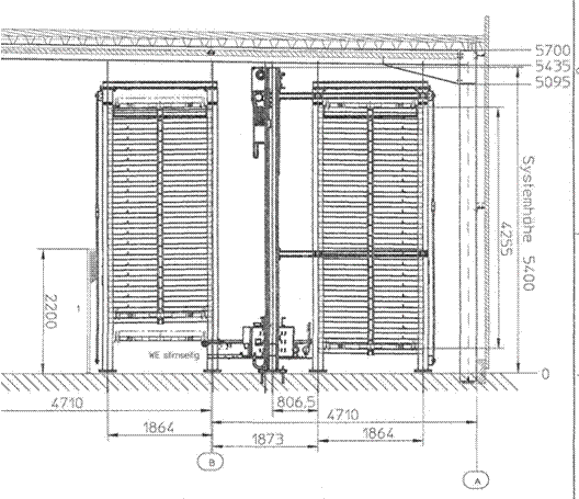 Blechlagerturm Stopa, 45 Lagerplätze a 3 Tonnen, für Blechformat 1,50 x 3m (GF und MF) – gebraucht - : lagertechnik